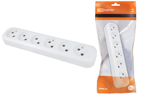 Колодка розеточная 6 гнезд 2П б/з 10А 250В белая TDM - СКЛАД13.РФ