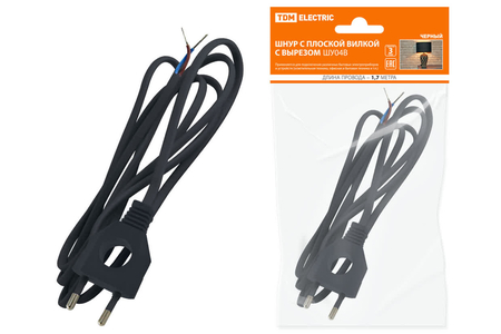 Шнур с плоской вилкой с вырезом ШУ04 ШВВП 2х0,75мм2 1,7 м. черный TDM - СКЛАД13.РФ