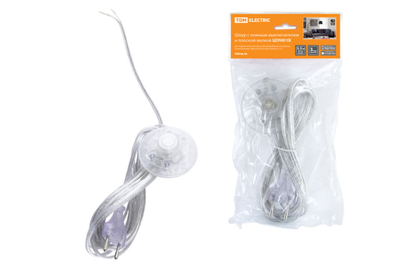 Шнур с ножным выключателем и плоской вилкой ШУН01В ШВВП-ВП 2х0,75мм2 3,5м. прозрачный TDM - СКЛАД13.РФ