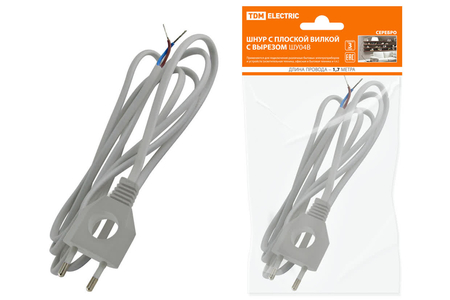 Шнур с плоской вилкой с вырезом ШУ04 ШВВП 2х0,75мм2 1,7 м. серебрянный металлик TDM - СКЛАД13.РФ