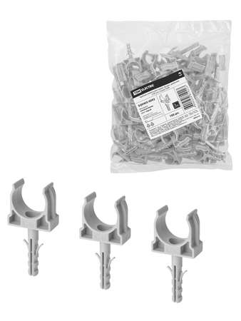 Крепеж-клипса для трубы 20 мм с дюбелем (100 шт.) серая TDM - СКЛАД13.РФ