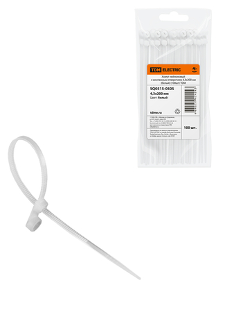 Хомут нейлоновый с монтажным отверстием 4,3х200 мм (белый) (100шт) TDM - СКЛАД13.РФ