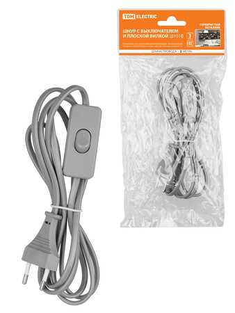 Шнур с выключателем и плоской вилкой ШУ01В ШВВП-ВП 2х0,75мм2 2м серебрянный металлик TDM - СКЛАД13.РФ