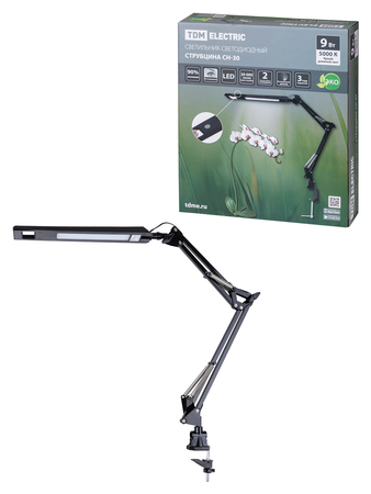 Светильник светодиодный струбцина СН-30, 2 колена, диммер, 220 В, 9 Вт, 5000 К, черный, TDM - СКЛАД13.РФ