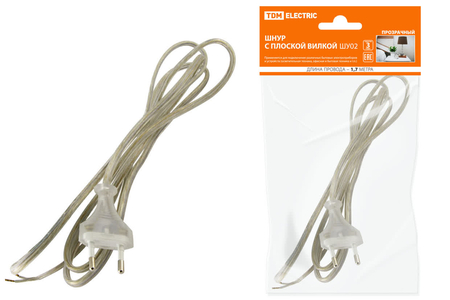 Шнур с плоской вилкой ШУ02 ШВВП 2х0,75мм2 1,7 м прозрачный TDM - СКЛАД13.РФ