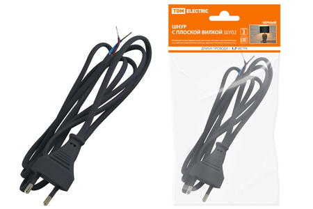 Шнур с плоской вилкой ШУ02 ШВВП 2х0,75мм2 1,7 м черный TDM - СКЛАД13.РФ