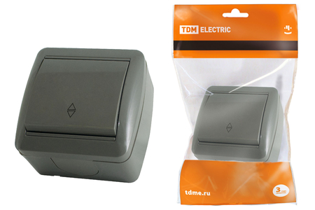 Выключатель на 2 направления 1-клавишный открытой установки IP44 10А серый 