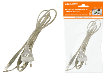 Шнур с плоской вилкой с вырезом ШУ04 ШВВП 2х0,75мм2 1,7 м. прозрачный TDM - СКЛАД13.РФ
