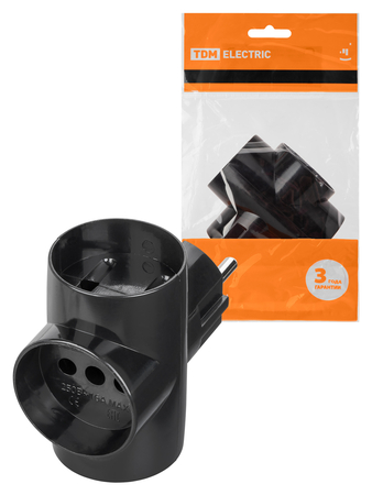 Тройник 3х2П 16А 250B черный TDM - СКЛАД13.РФ