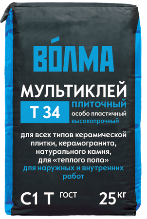 Клей для тяжелой плитки и натурального камня ВОЛМА Мультиклей Т34 25 кг С1Т (56шт/уп.) - СКЛАД13.РФ
