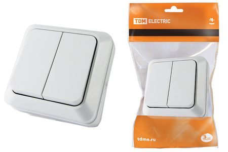Выключатель 2-клавишный открытой установки IP20 10А белый 