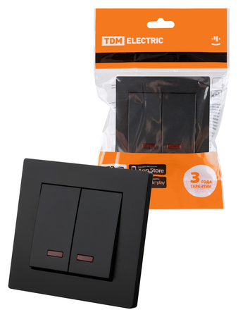 Выключатель 2 клавишный с подсветкой 10А черный 