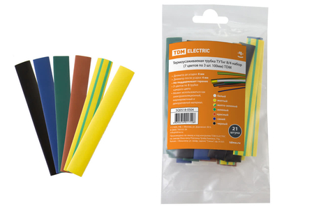 Термоусаживаемая трубка ТУТнг 8/4 набор (7 цветов по 3 шт. 100мм) TDM - СКЛАД13.РФ