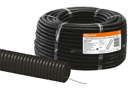 Труба гофрированная ПНД безгалогенная (HF) d 40 с зондом (25 м) легкая 350H черная TDM - СКЛАД13.РФ