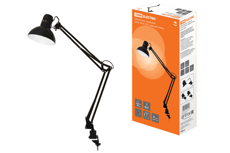 Светильник струбцина 220В, 40Вт, E27 черный глянец TDM - СКЛАД13.РФ