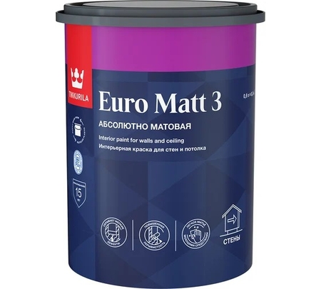 Краска Euro Matt 3 для стен и потолков глубокоматовая база A 0.9л TIKKURILA - СКЛАД13.РФ