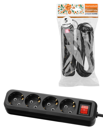 Удлинитель 4 гнезда 7 метров с/з выключатель 10A 2300Вт черный НАРОДНЫЙ У1-42056 (Ун1 421-0001) T - СКЛАД13.РФ