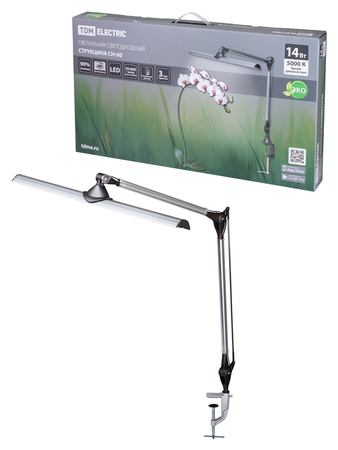 Светильник светодиодный струбцина СН-60, 2 колена, сенс-димм, 220 В, 14Вт, 5000 К, сереб-черн, TDM - СКЛАД13.РФ