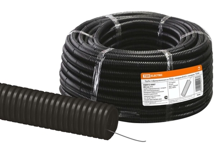 Труба гофрированная ПНД безгалогенная (HF) d 63 с зондом (15 м) легкая 350H черная TDM - СКЛАД13.РФ