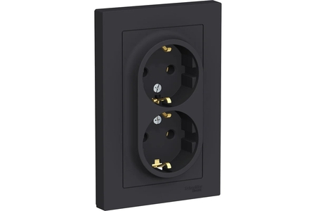 Розетка двойная с заземлением Atlas Design, 16А, в сборе, карбон, Systeme Electric - СКЛАД13.РФ